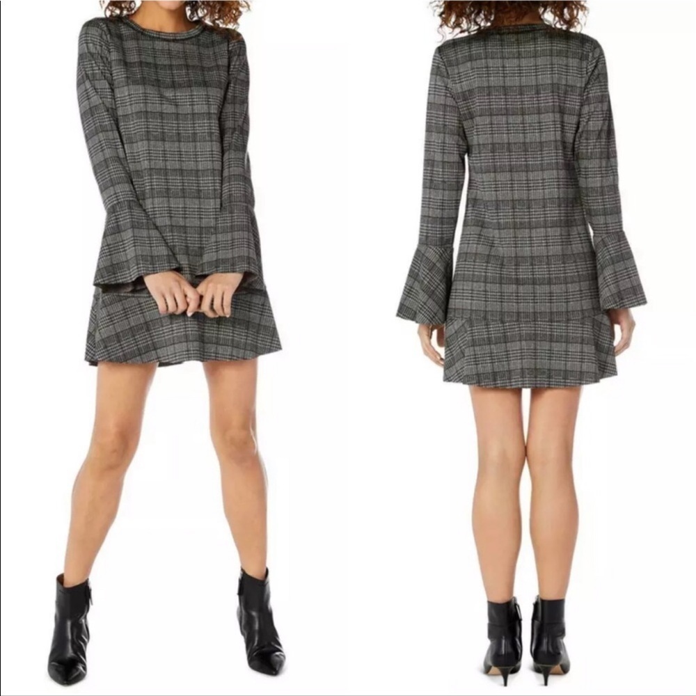 Michael Stars “Glen” Plaid Long Bell Sleeve Relaxed Fit Career Dress Mini EUC